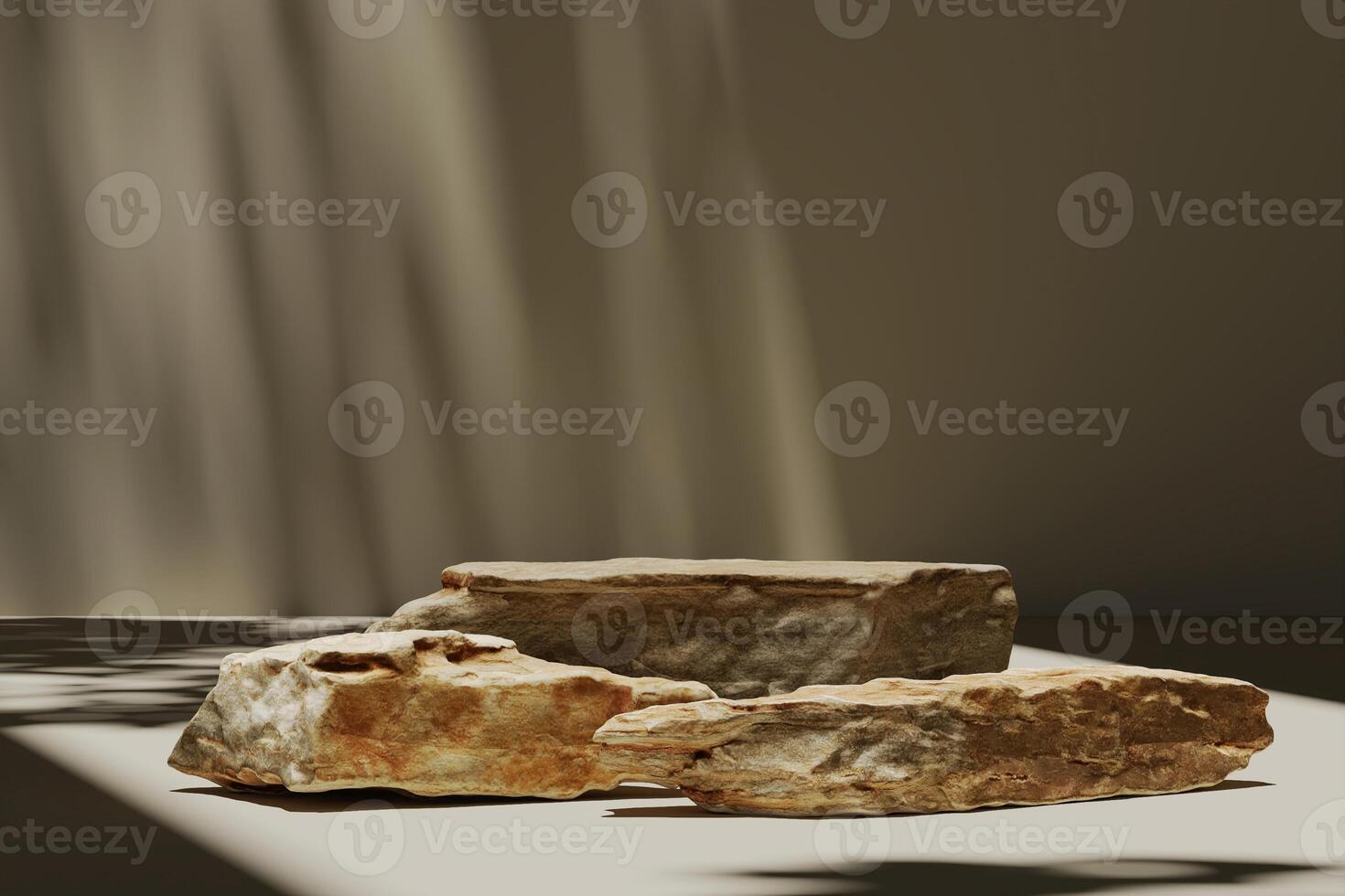 The stones on minimal beige scene, sunshade on background , mockup platform for product presentation. 3Drendering and clipping path each element. photo