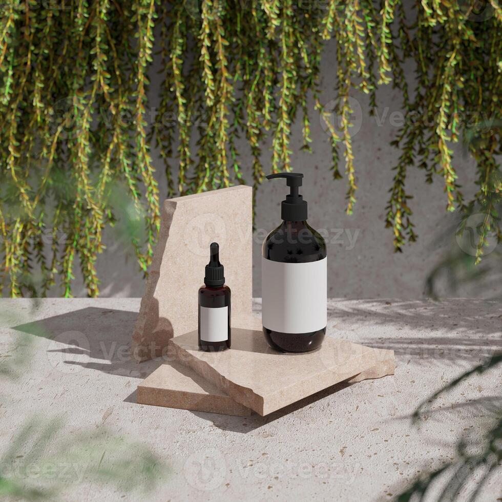 Two cosmetic bottles sits on broken slabs of beige marble stacked on a concrete floor. blur the bushes behind. 3D rendering photo