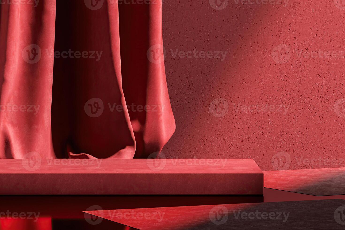 Velvet product display stand with a backdrop of a cement wall and red curtains. Background for product presentations. 3D illustration photo