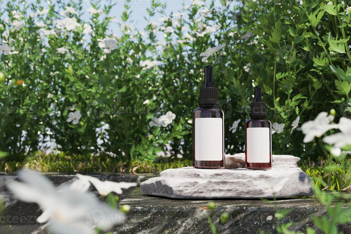Dropper bottles mockup on the white rock in the garden. Mockup cosmetic product for presentation. 3D rendering photo