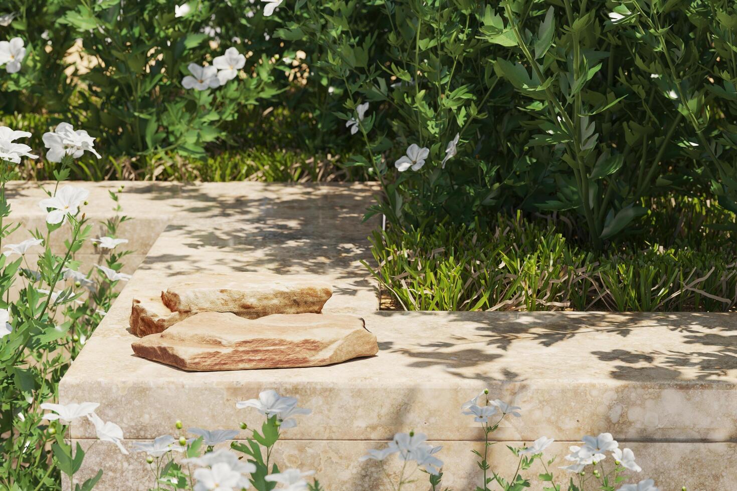 Stones on the marble edge in the garden. Mockup product stand concept. 3D rendering photo