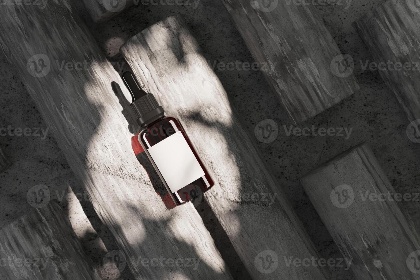 Dropper bottle cosmetic top the cement rod on the ground. sunshade highlight to bottle. 3D rendering photo