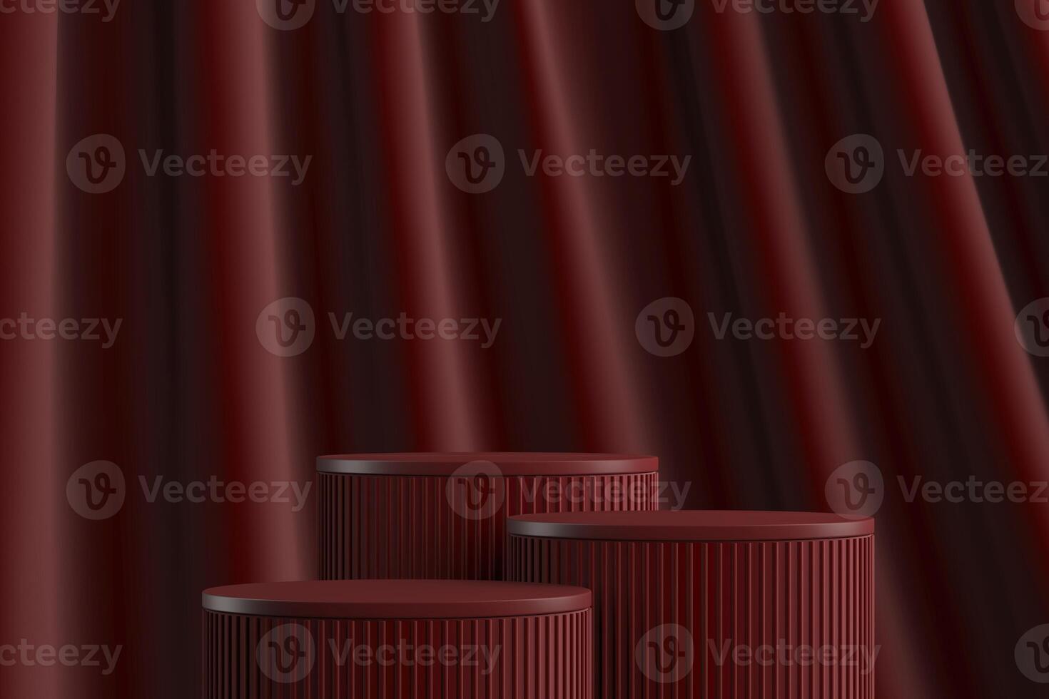 Red cylindrical platform three step on red velvet curtain background. Abstract background for product presentation. 3D rendering photo