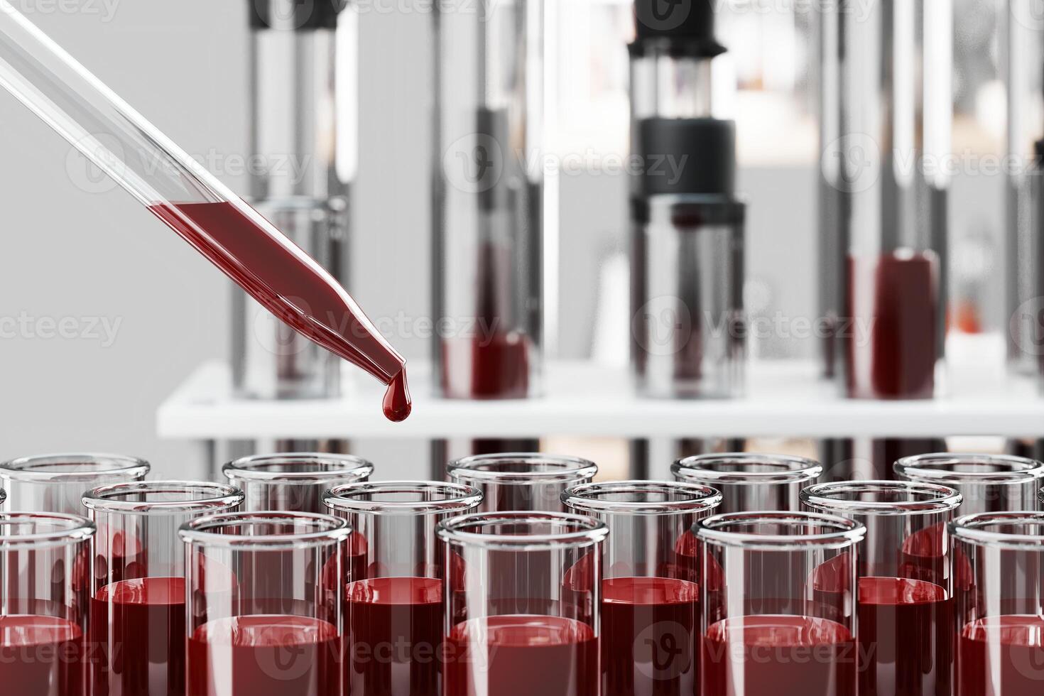 Drops of choice in a science tube, research or blood test. 3D rendering photo