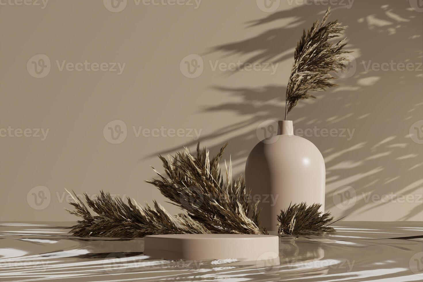 Beige circle platform on water and beige scene. abstract background for product presentation. 3D rendering photo