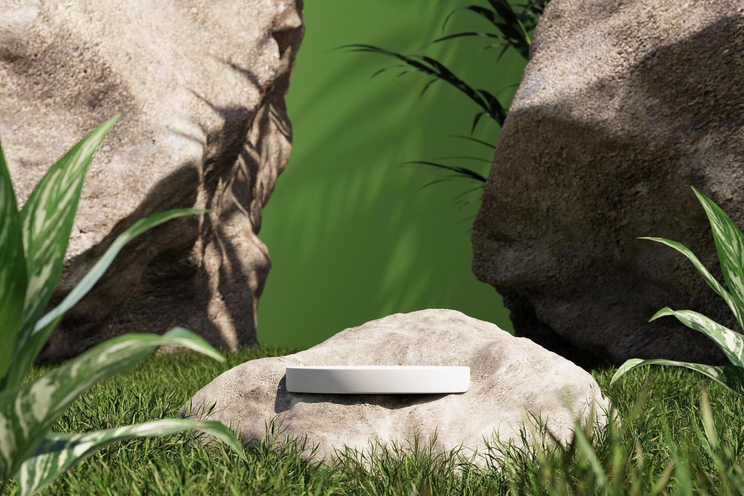 White circle base on the rock in mockup garden scene, sunshade on green background. 3d rendering photo