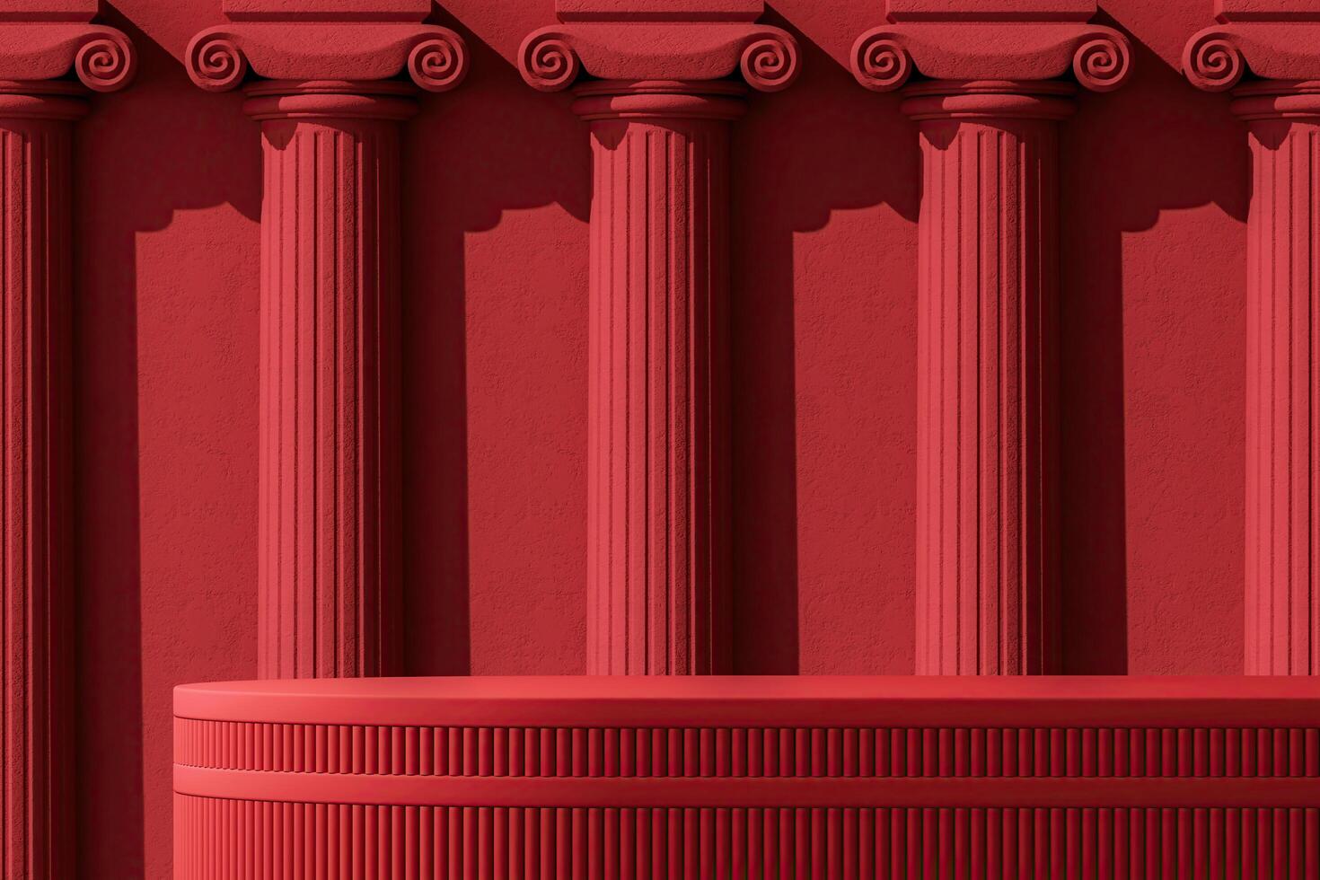 Red platform on a background of Roman concrete columns. Abstract background for product presentation. 3D rendering photo