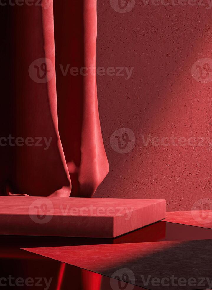 Velvet product display stand with a backdrop of a cement wall and red curtains. Background for product presentations. 3D illustration photo