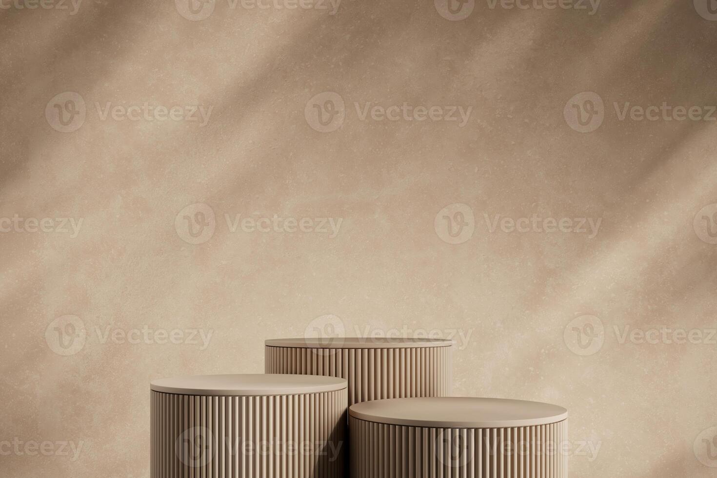 Three beige podium with minimal backdrop, blur shadow background, abstract mockup for product or sales presentation. 3d rendering photo