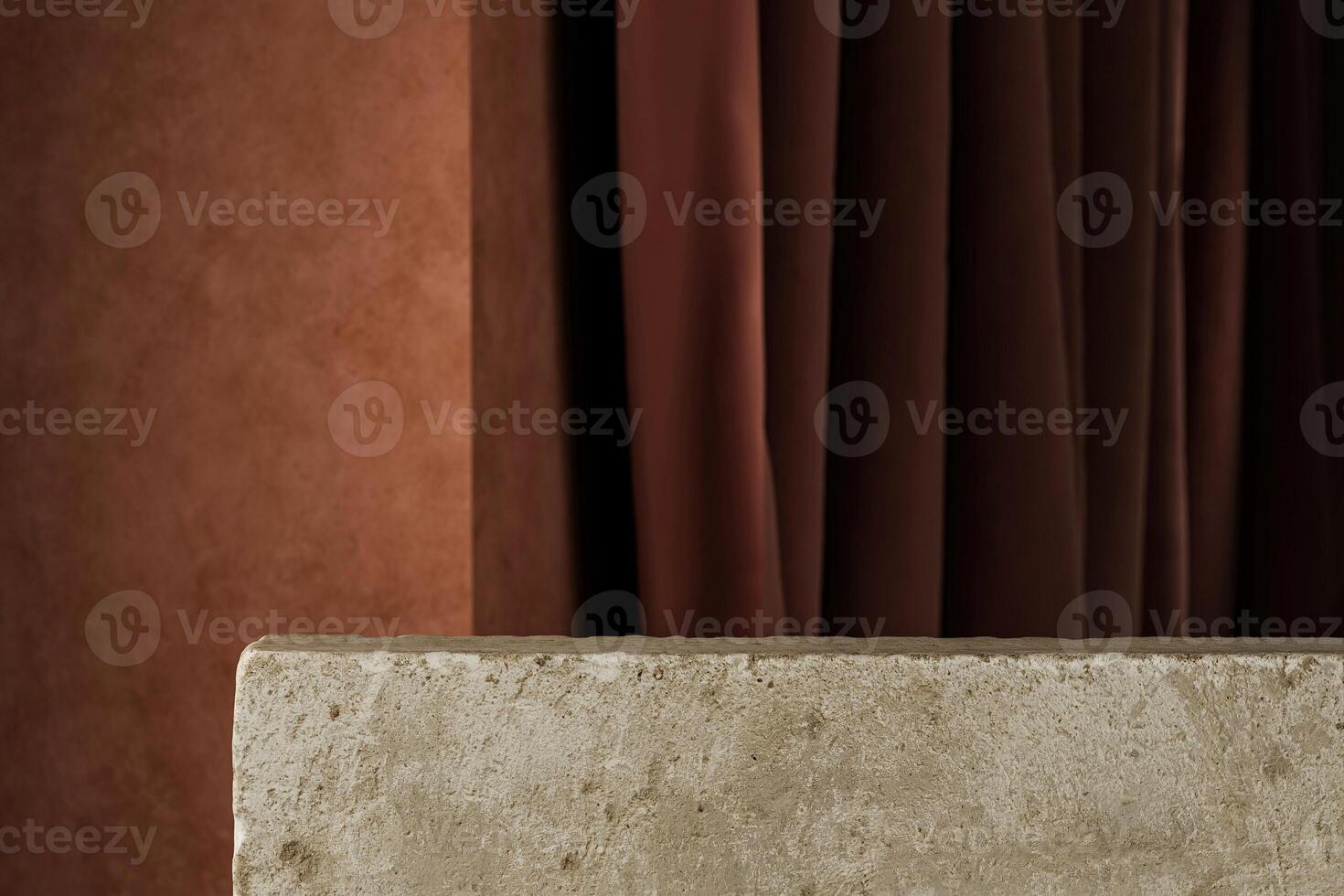 Stone slabs in brown stucco background and dark curtains. Backdrop for product presentation photo