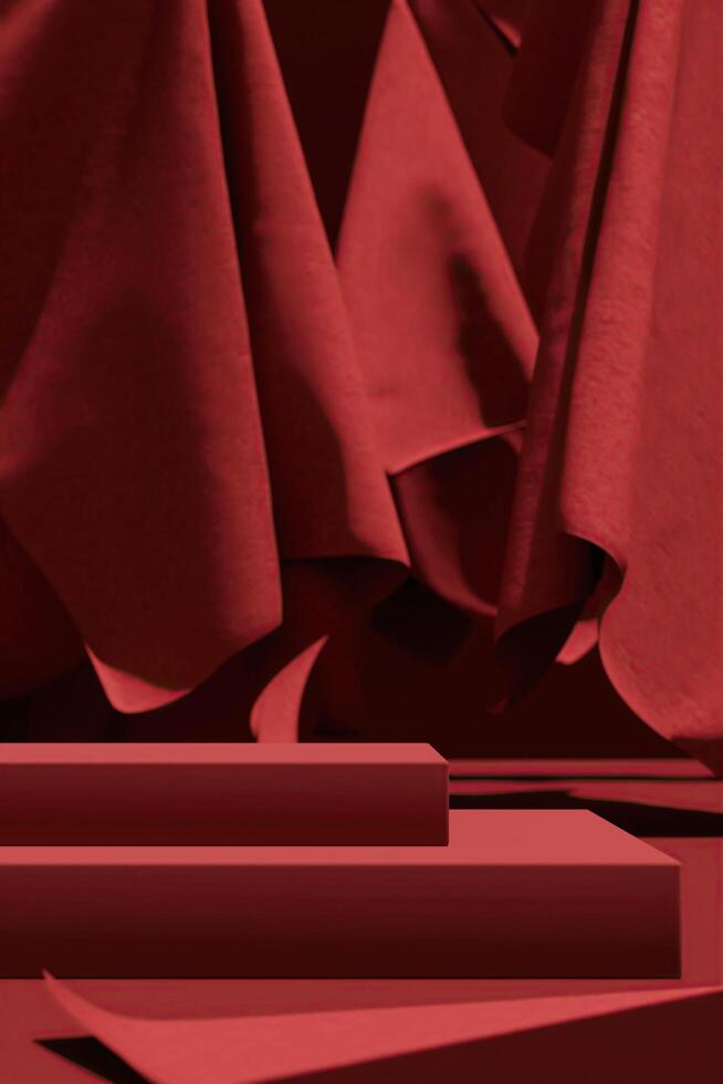 Velvet product display stand with a red curtains backdrop. Background for product presentations. 3D illustration photo