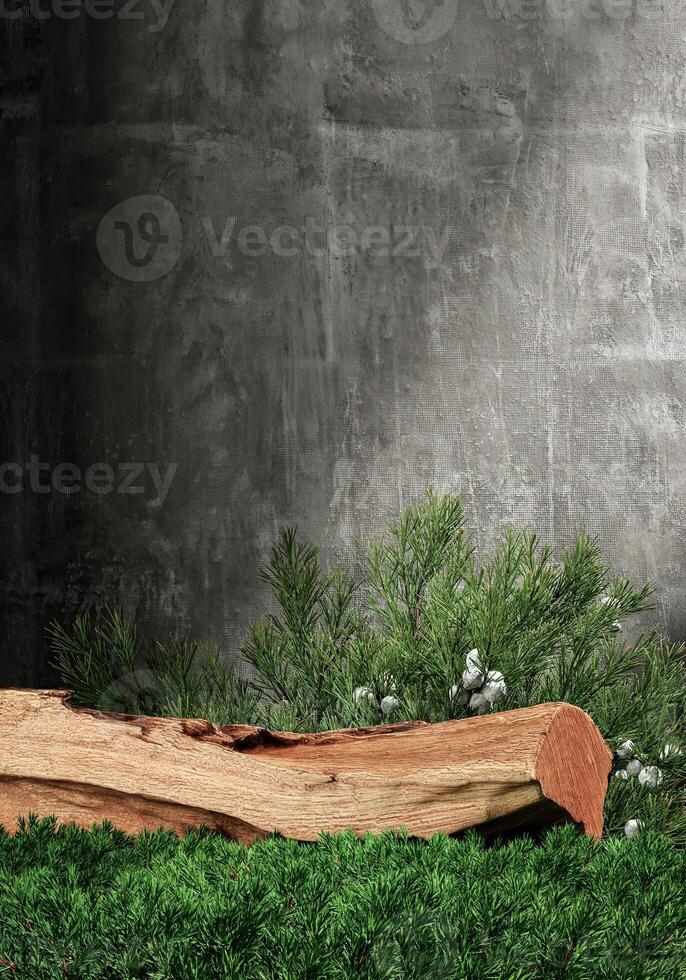 A log middle small plants and concrete wall. Abstract background for product presentation. 3D rendering photo