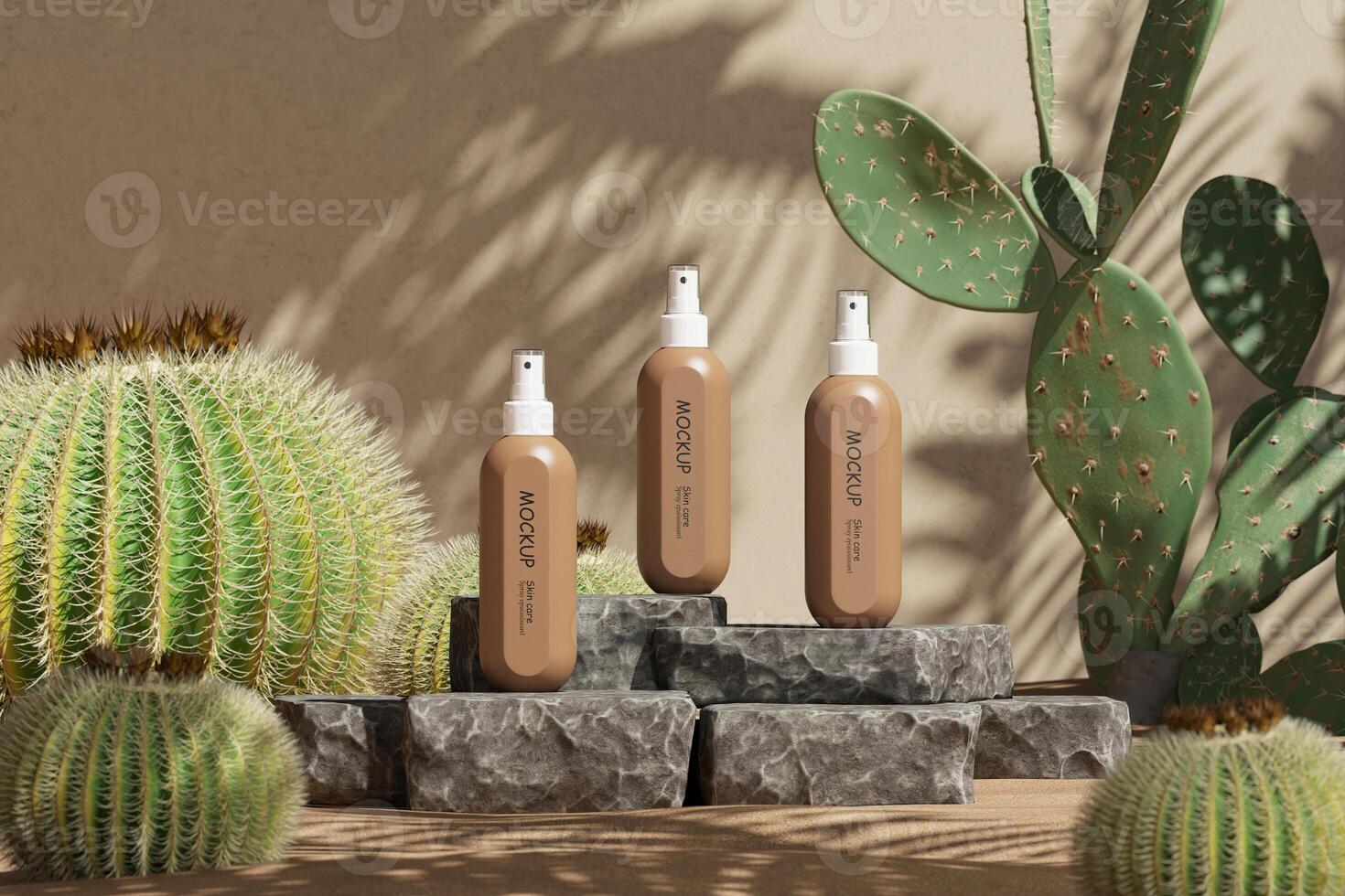 3 cosmetic spray bottles in the middle of a desert scene, blurring cactus in the foreground. 3D rendering photo