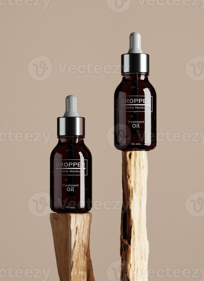 Two cosmetic dropper bottles on wooden stick. Abstract background for cosmetic presentation. 3D rendering photo