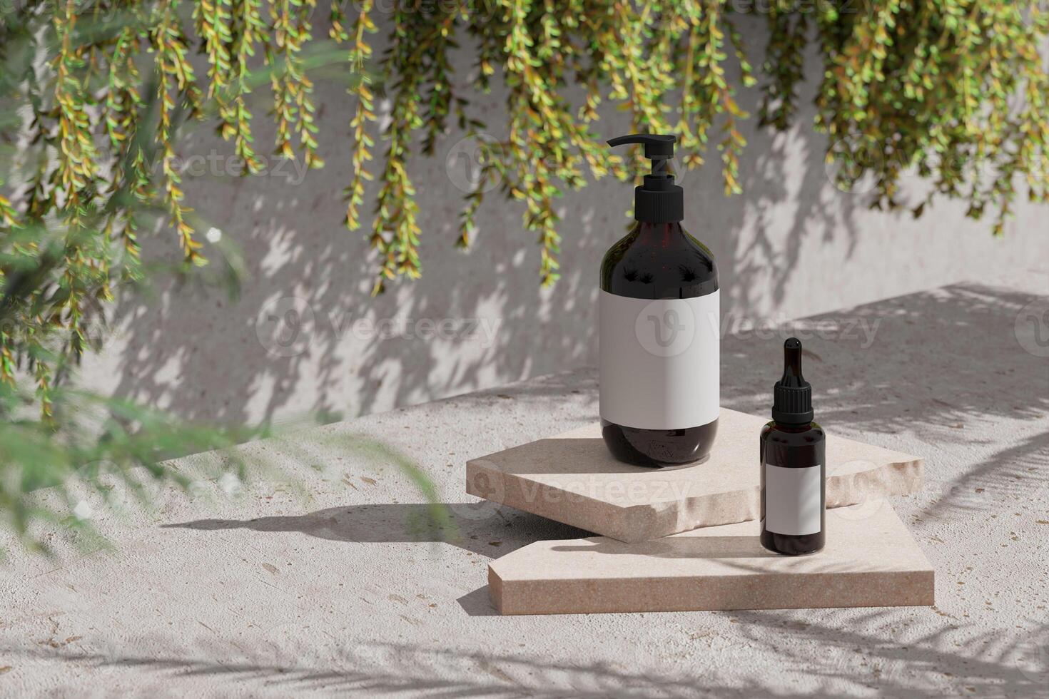 Two cosmetic bottles sits on broken slabs of beige marble stacked on a concrete floor. blur the bushes behind. 3D rendering photo