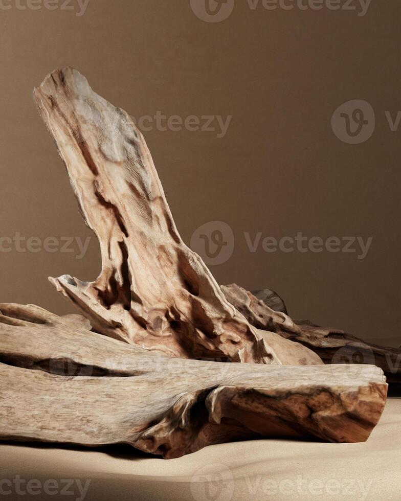 Abstract mockup scene broken wood for product placing. Clipping path of each element included. 3D rendering illustration. photo