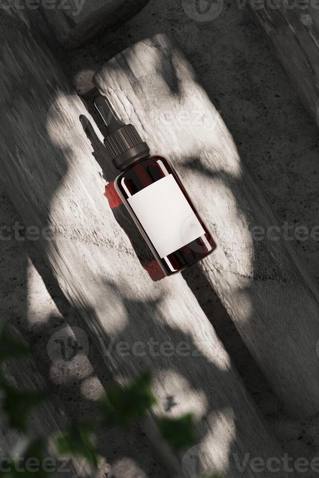 Dropper bottle cosmetic top the cement rod on the ground. sunshade highlight to bottle. 3D rendering photo