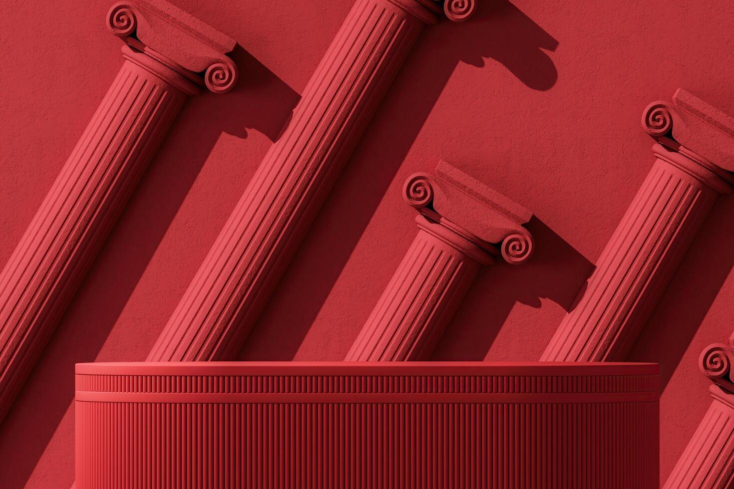 Red platform on a background of Roman concrete columns. Abstract background for product presentation. 3D rendering photo