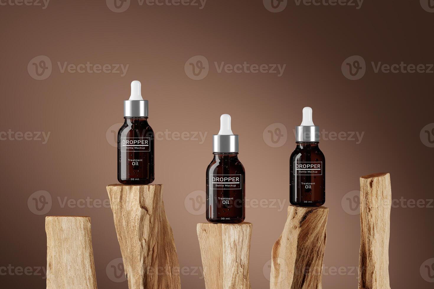 Three cosmetic dropper bottles on wood logs. 3d rendering photo
