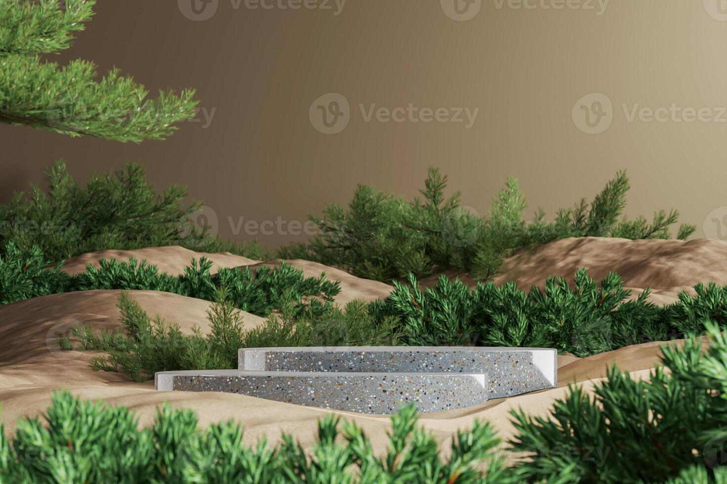 2 tier gray marble pedestal in the sand and small plants mockup scene. Abstract mockup scene for product presentation. 3d rendering photo