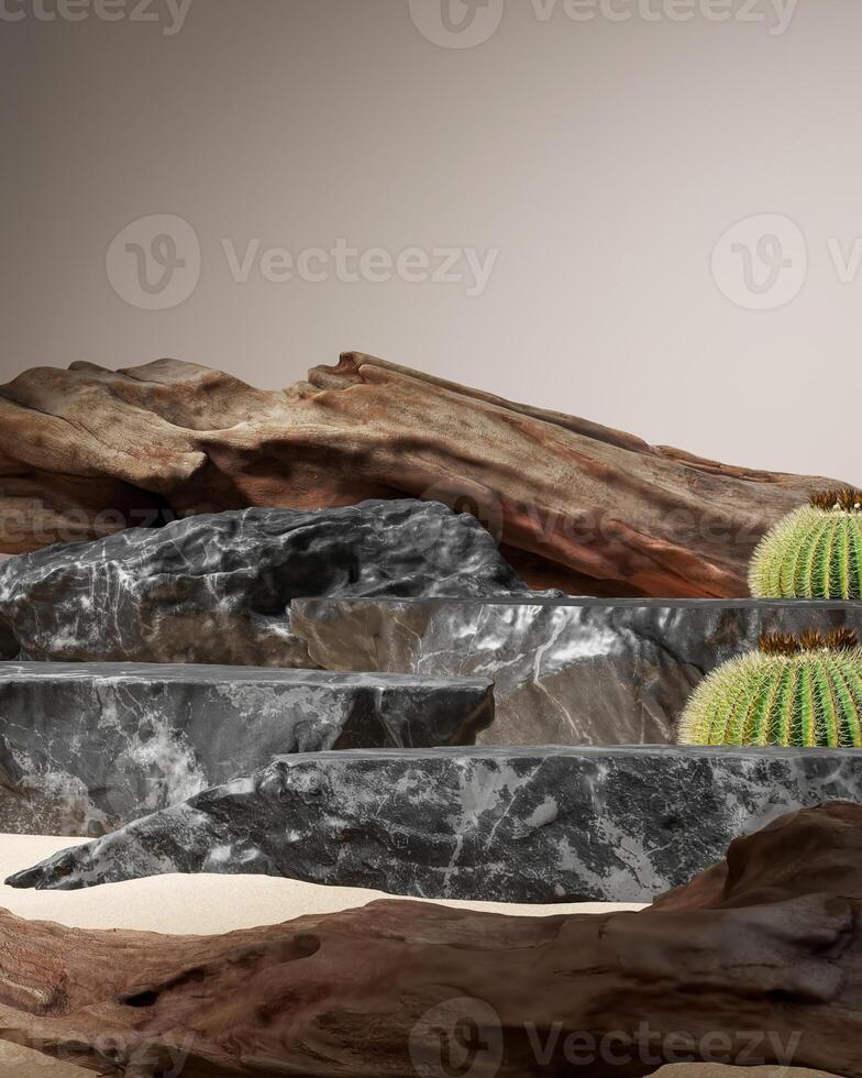 Black stone tiers and attractive old remains of wood, for displaying goods or items, mockups for presentations. 3D rendering Clipping path background included. photo
