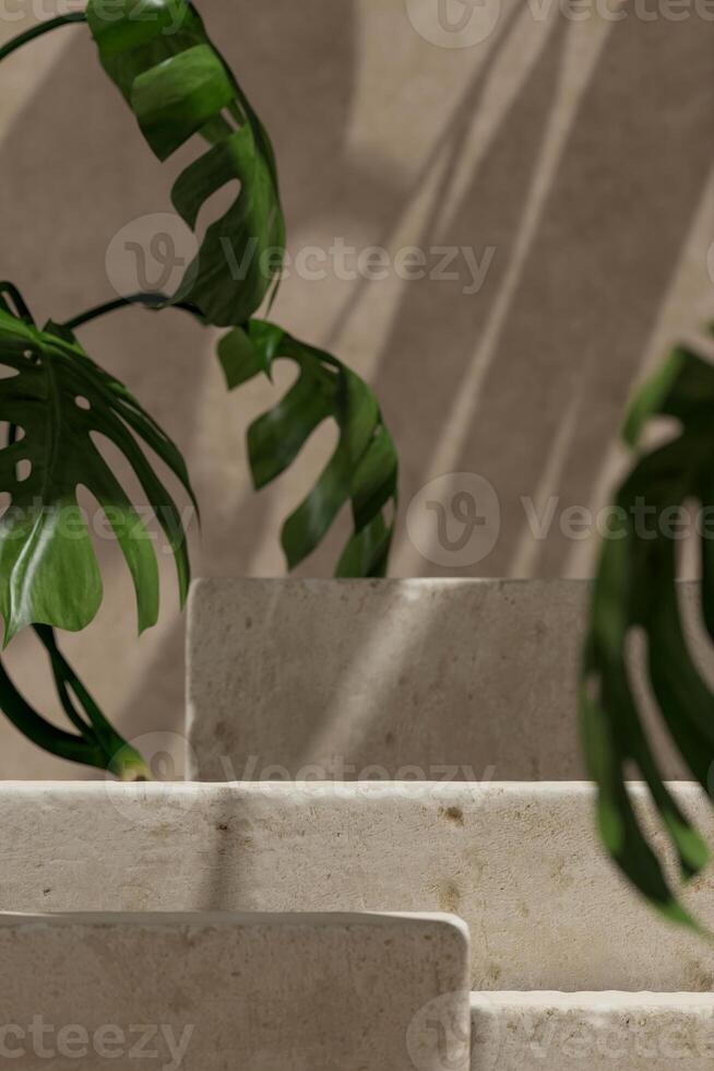 Layered slabs of beige, dappled sunlight and Monstera leaves. Selection focus. Background for product presentations. 3D illustration photo