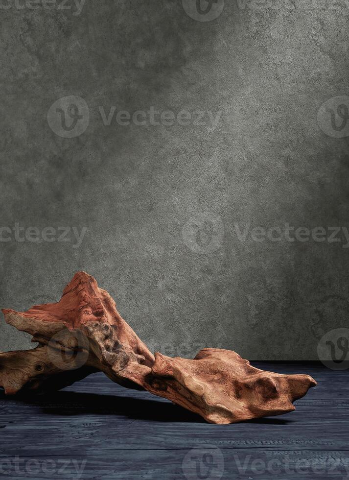 A piece of bark on an old blue wooden background and a glowing cement wall backdrop. Presentation for product concept. 3D rendering photo