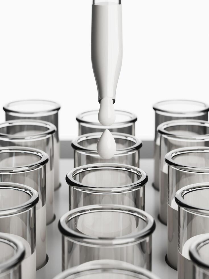 Drops of milk in a tube, science, research or milk test. 3D rendering photo