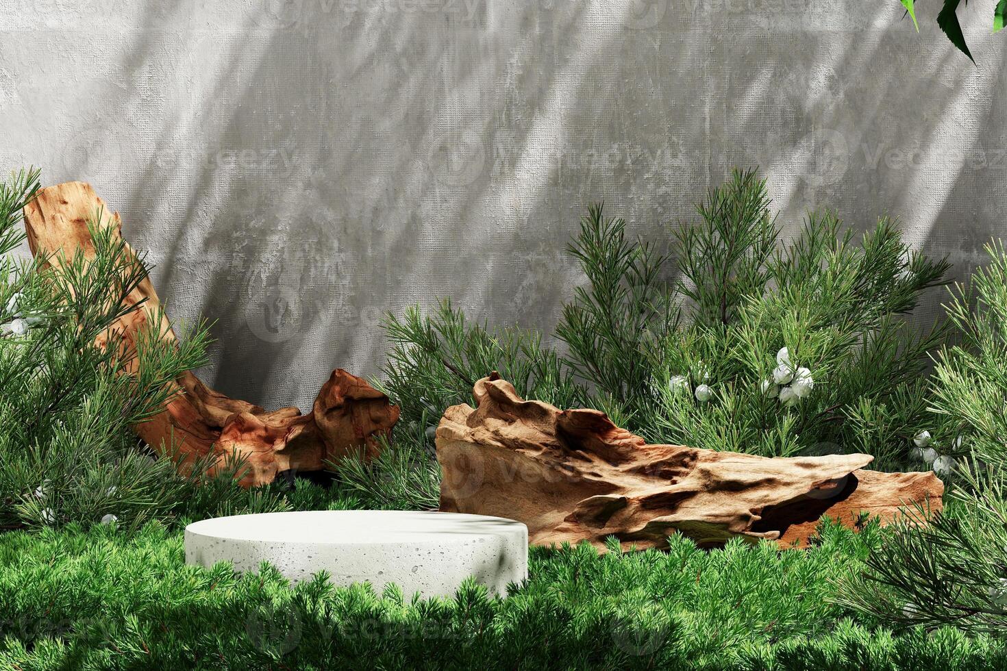 White marble platform the logs and small plants, Trees shade on cement wall background, Abstract background for product presentation. 3d rendering photo