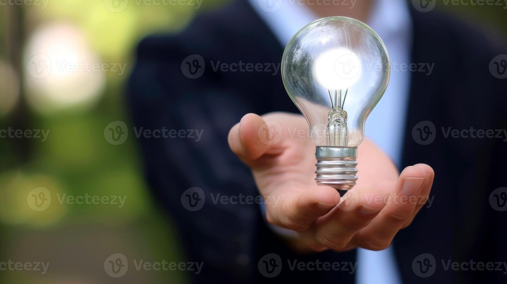 AI generated Close-up, Hand of businessman holding illuminated light bulb, idea, innovation and inspiration concept, Generative AI photo