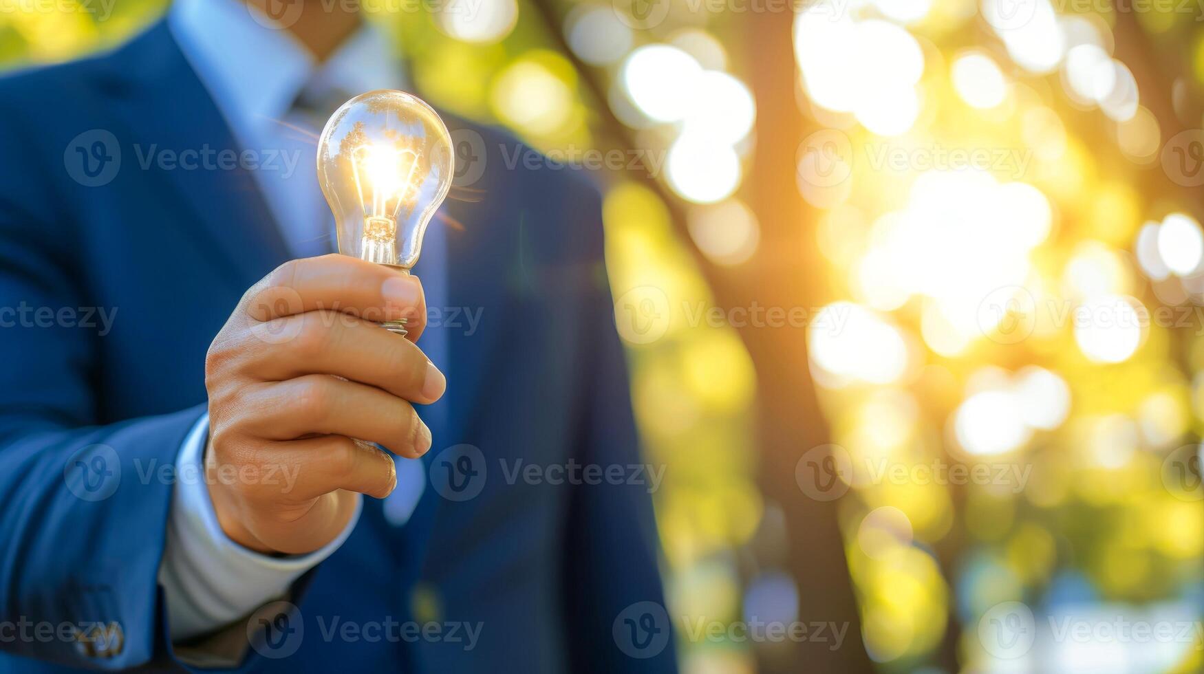 AI generated Close-up, Hand of businessman holding illuminated light bulb, idea, innovation and inspiration concept, Generative AI photo