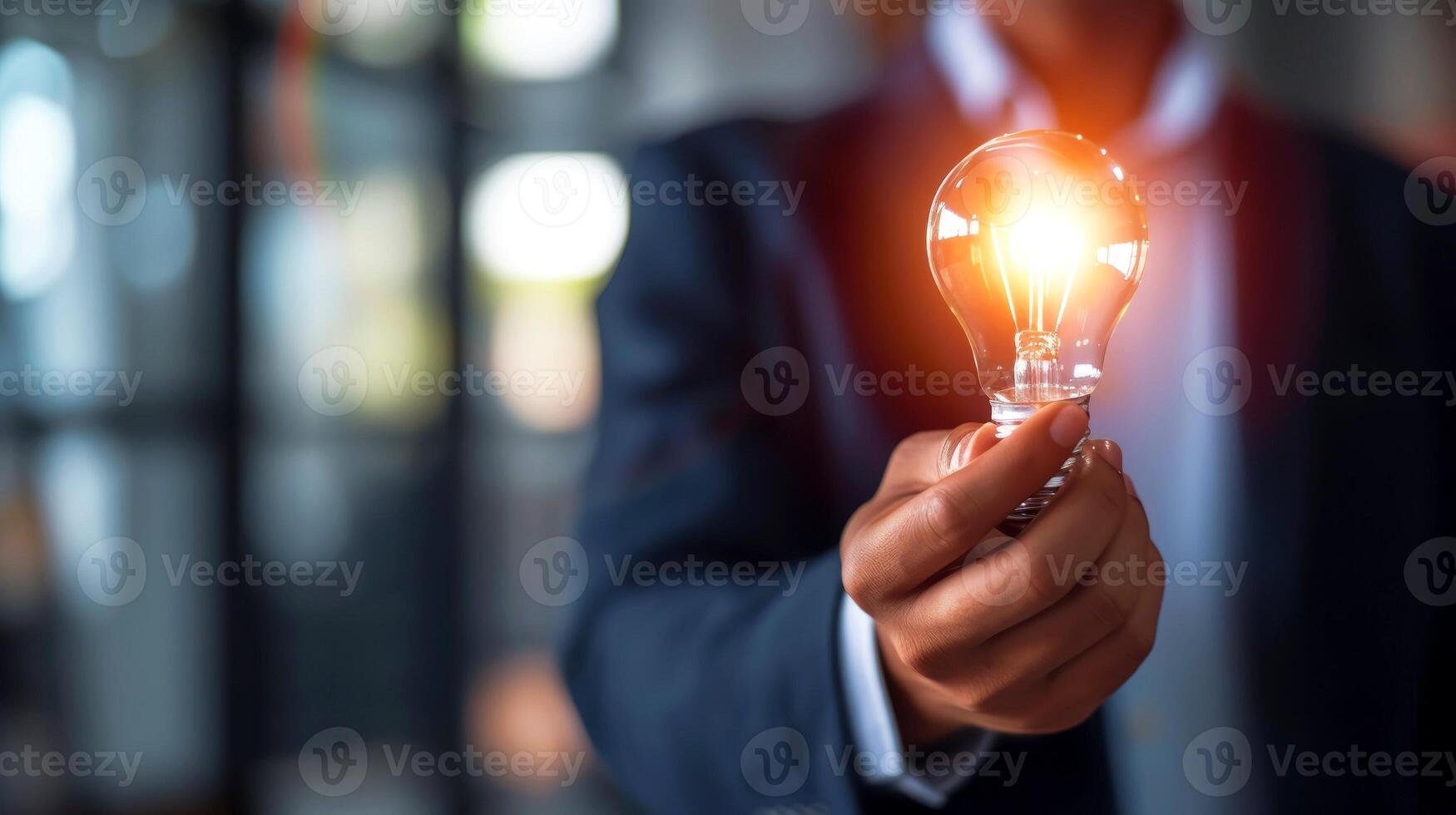 AI generated Close-up, Hand of businessman holding illuminated light bulb, idea, innovation and inspiration concept, Generative AI photo