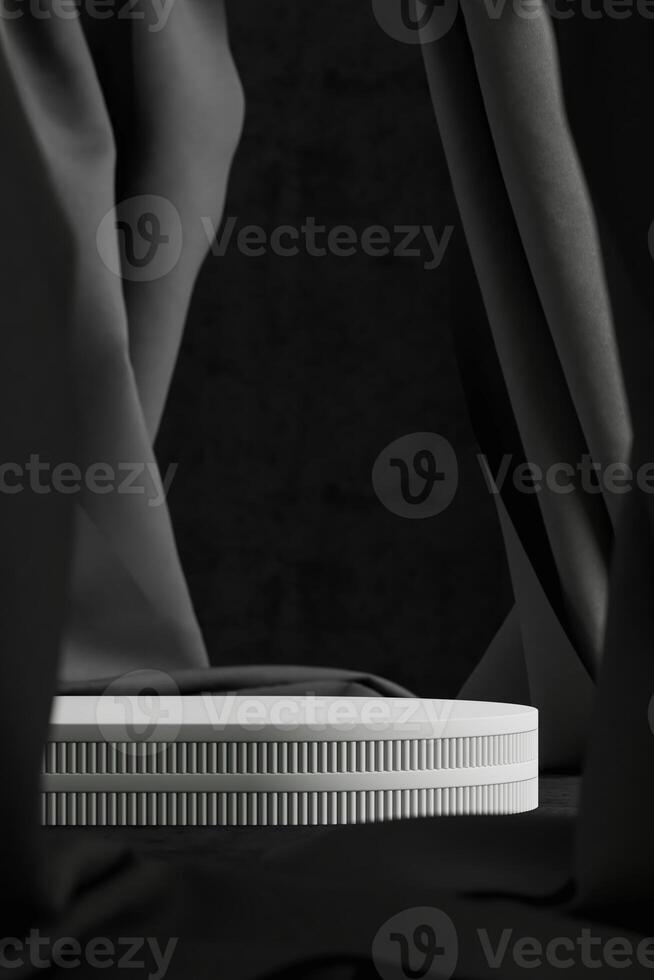 White cylindrical pallet on a black velvet curtain backdrop. Abstract background for product presentation. 3D rendering photo