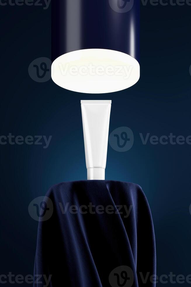 Mock up white cream tube on blue fabric base and a light box on top. Presentation for cosmetic concept. 3D rendering photo