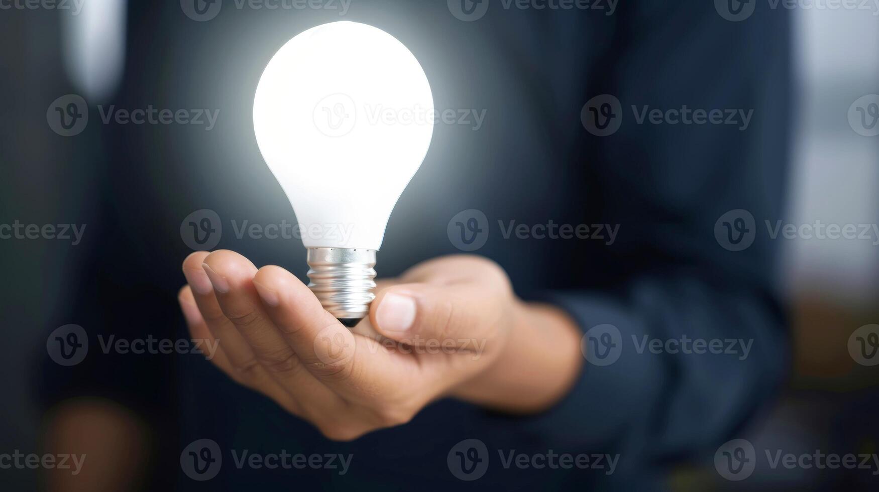 AI generated Close-up, Hand of businessman holding illuminated light bulb, idea, innovation and inspiration concept, Generative AI photo