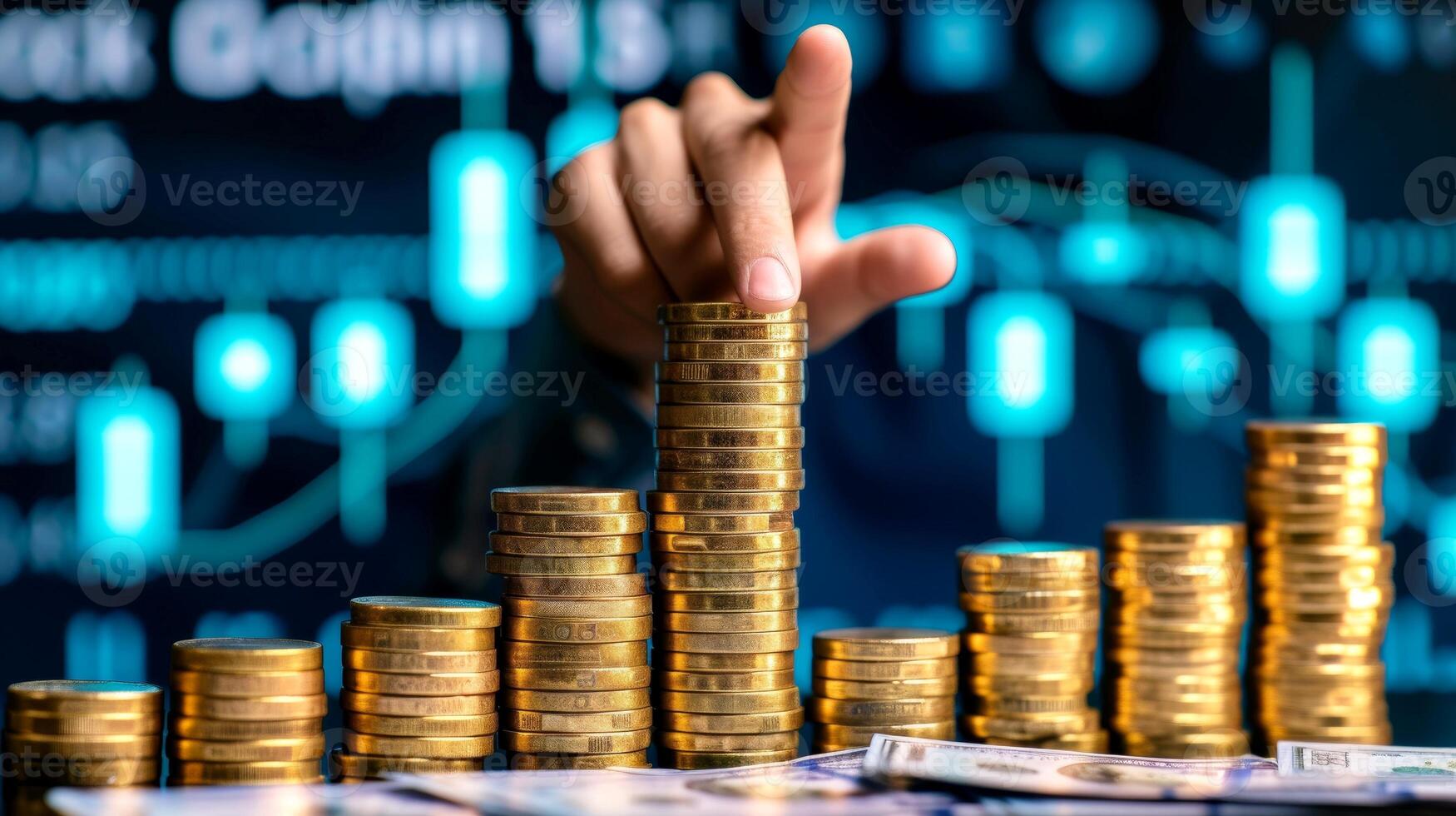 AI generated Close-up, Businessman pointing at front of graph illustrating coin and money growth, Generative AI photo