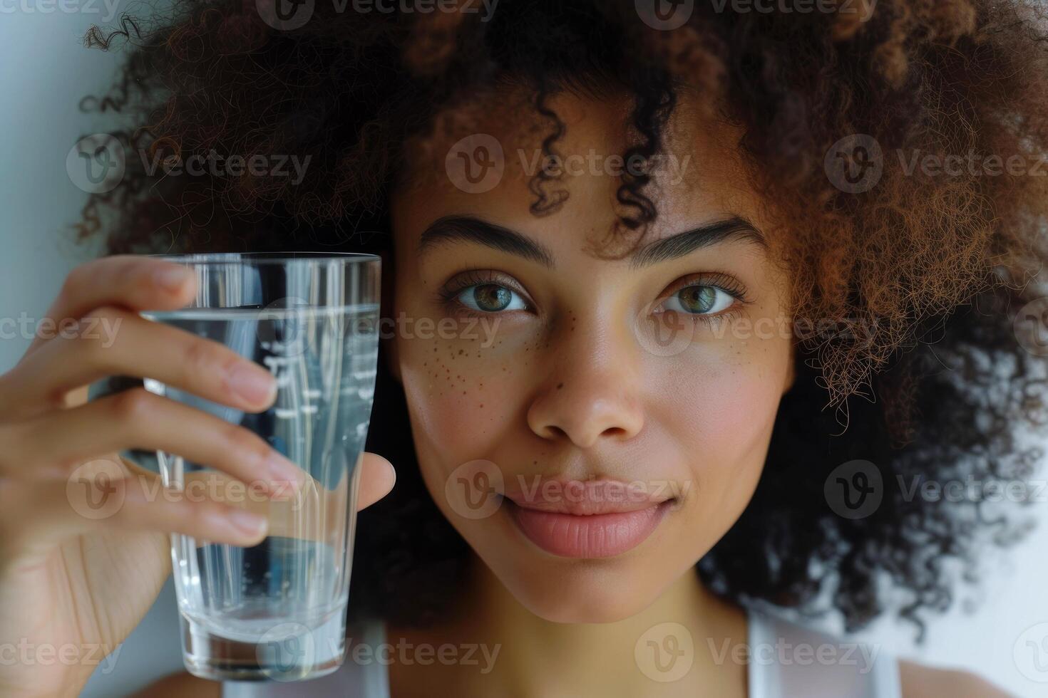 AI generated Close-up, Young woman drinking water, Woman enjoying a refreshing beverage at home, Generative AI photo