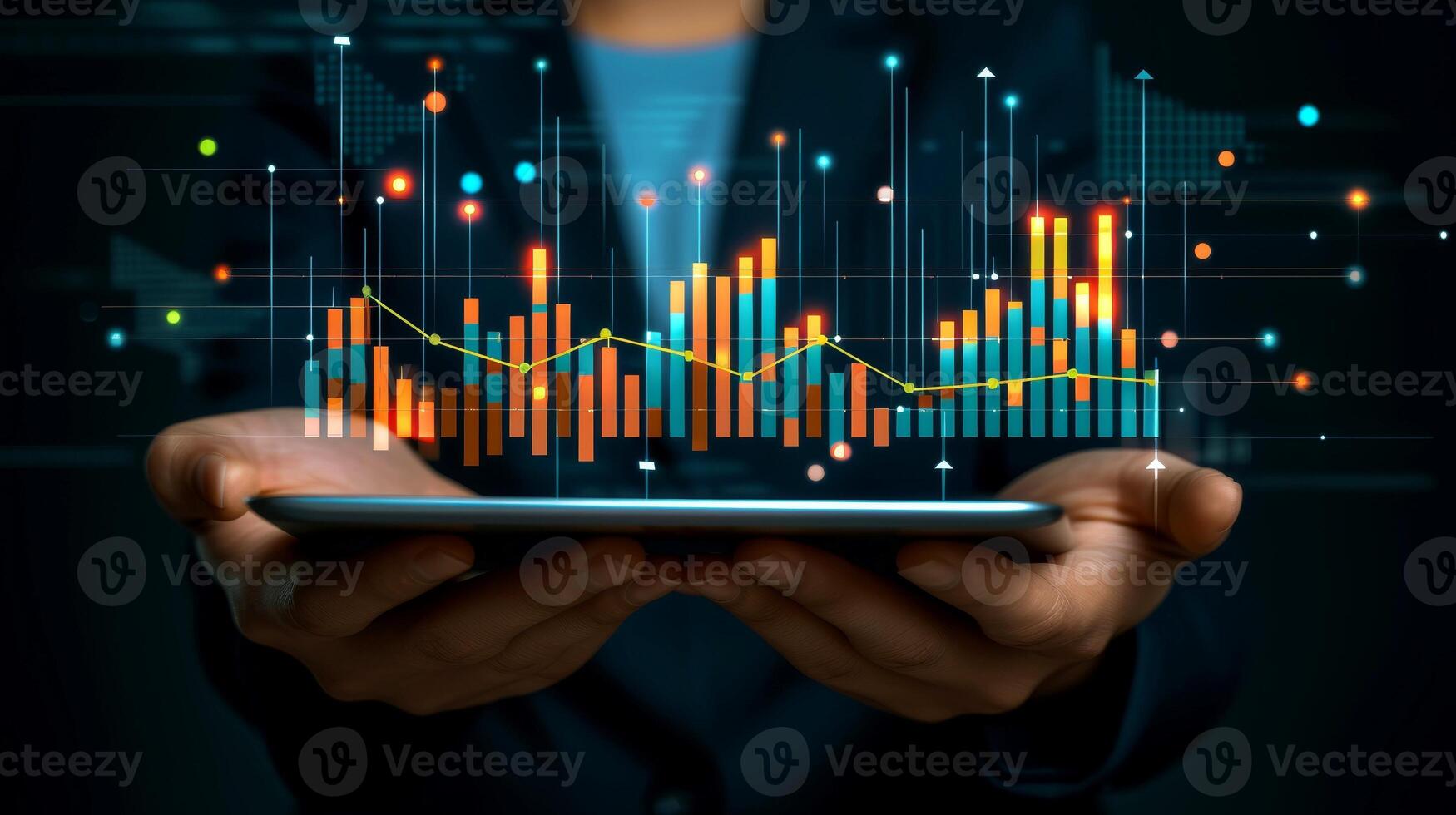 AI generated Close-up, Business analysis data screen and economic growth with financial graph, Generative AI photo