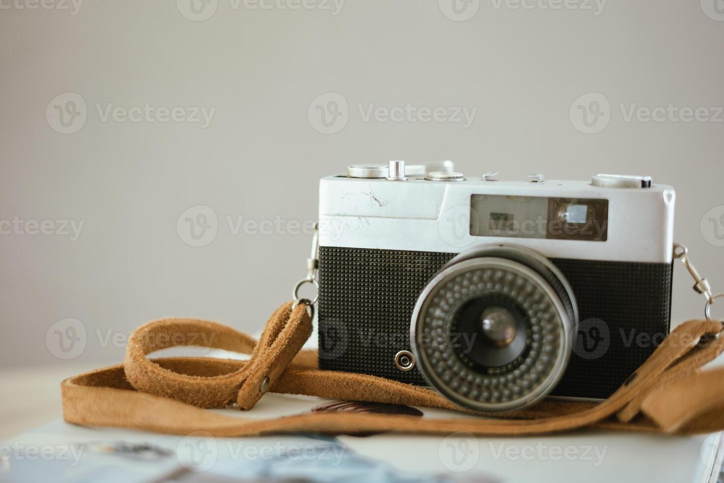 Vintage retro old film camera. Classic Range finder photography camera with copy space. photo