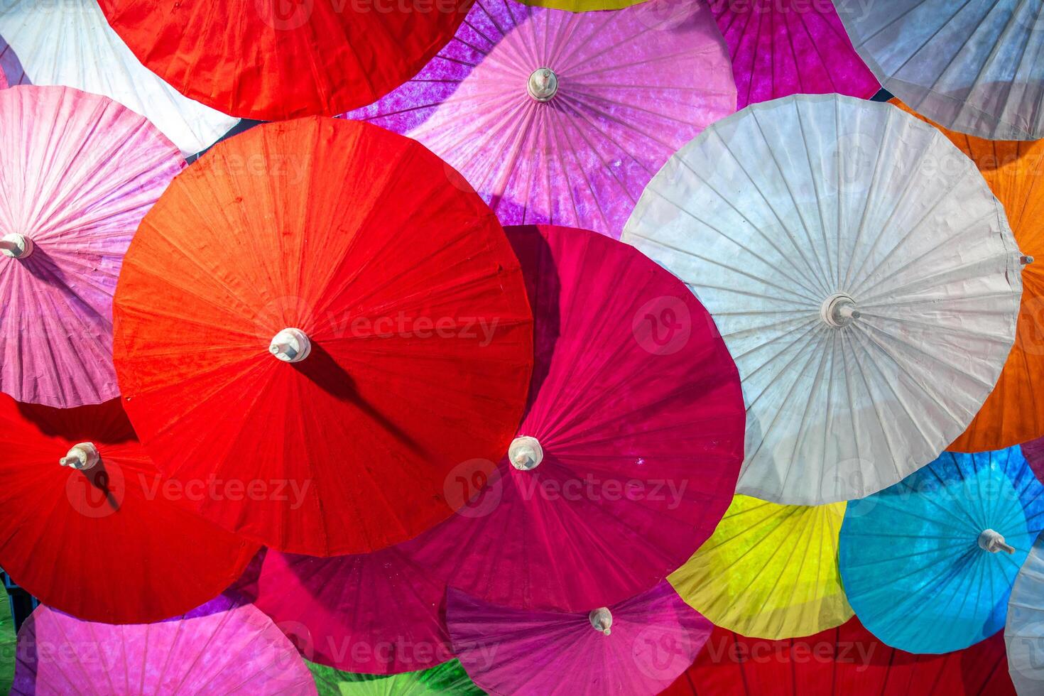 colorful paper umbrella handcraft work popular art in Chiang Mai Bo sang village tourist travel landmark photo