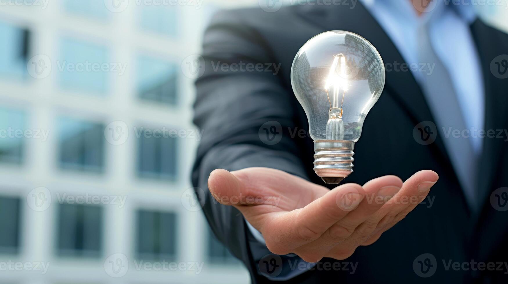 AI generated Close-up, Hand of businessman holding illuminated light bulb, idea, innovation and inspiration concept, Generative AI photo