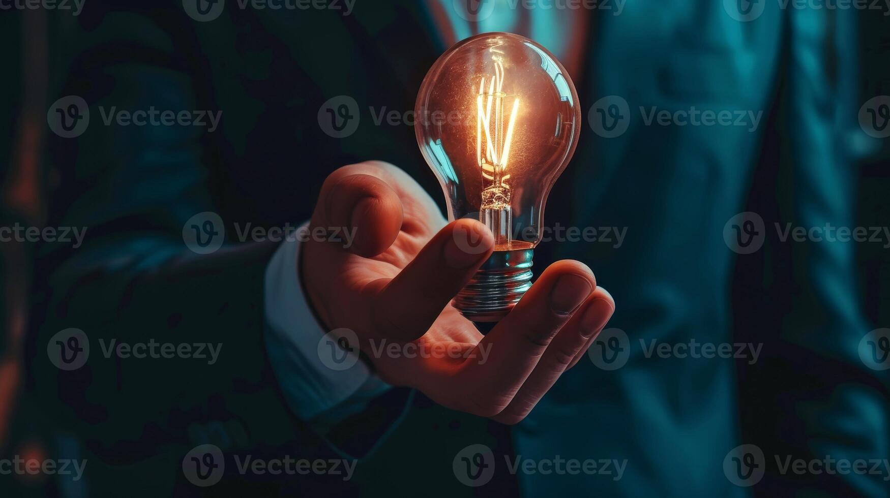 AI generated Close-up, Hand of businessman holding illuminated light bulb, idea, innovation and inspiration concept, Generative AI photo