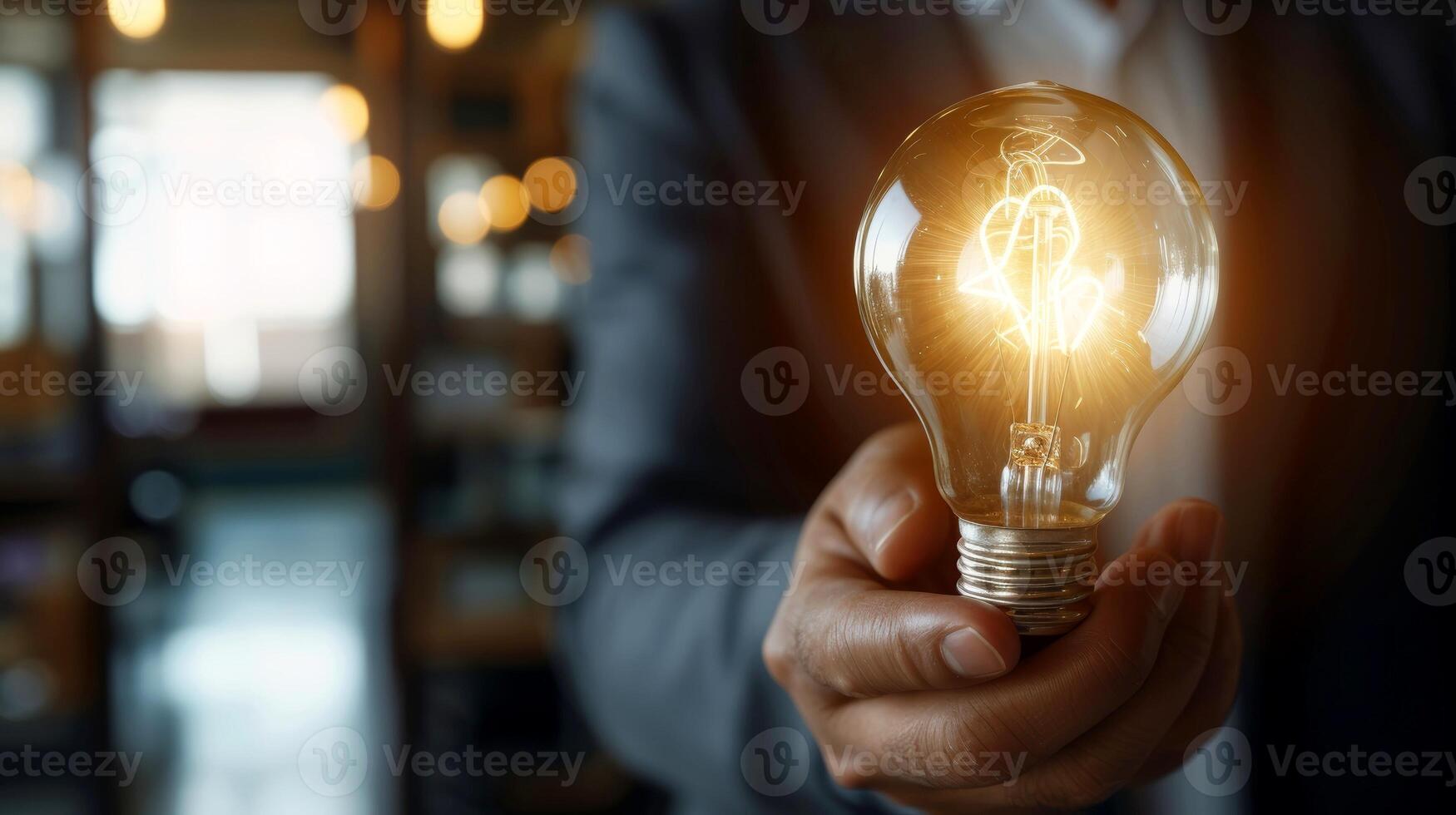 AI generated Close-up, Hand of businessman holding illuminated light bulb, idea, innovation and inspiration concept, Generative AI photo