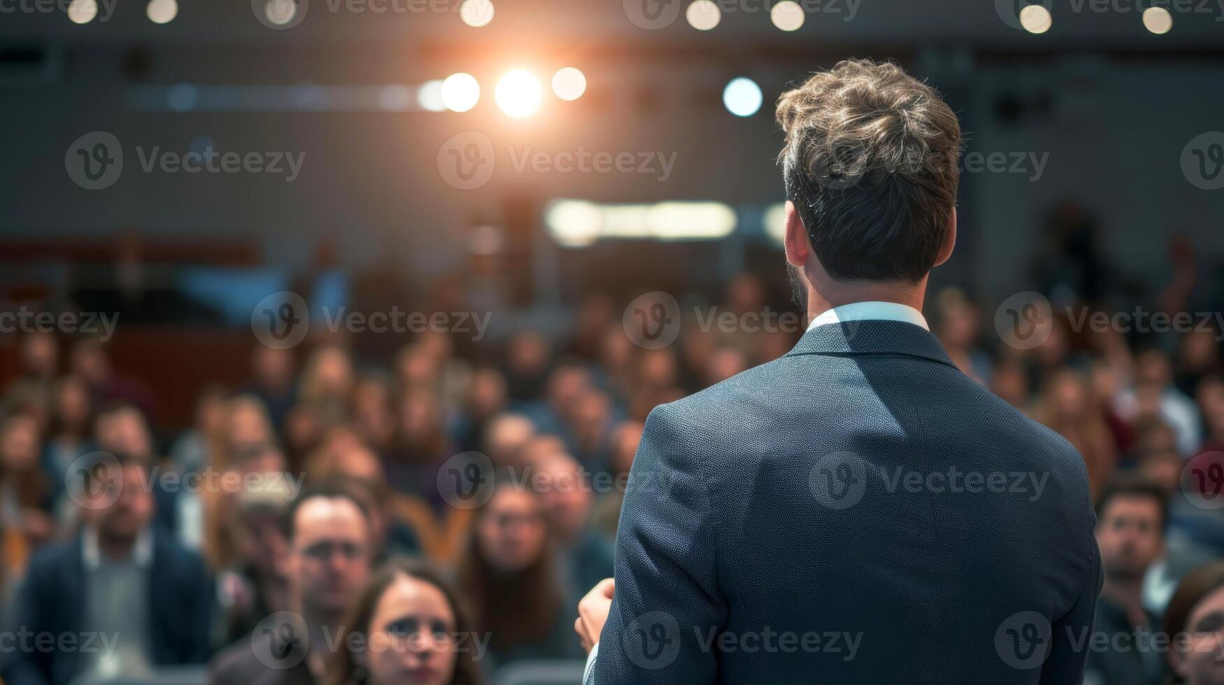 AI generated Close-up, Speaker giving a talk on corporate businessman conference. business and entrepreneurship event, Generative AI photo