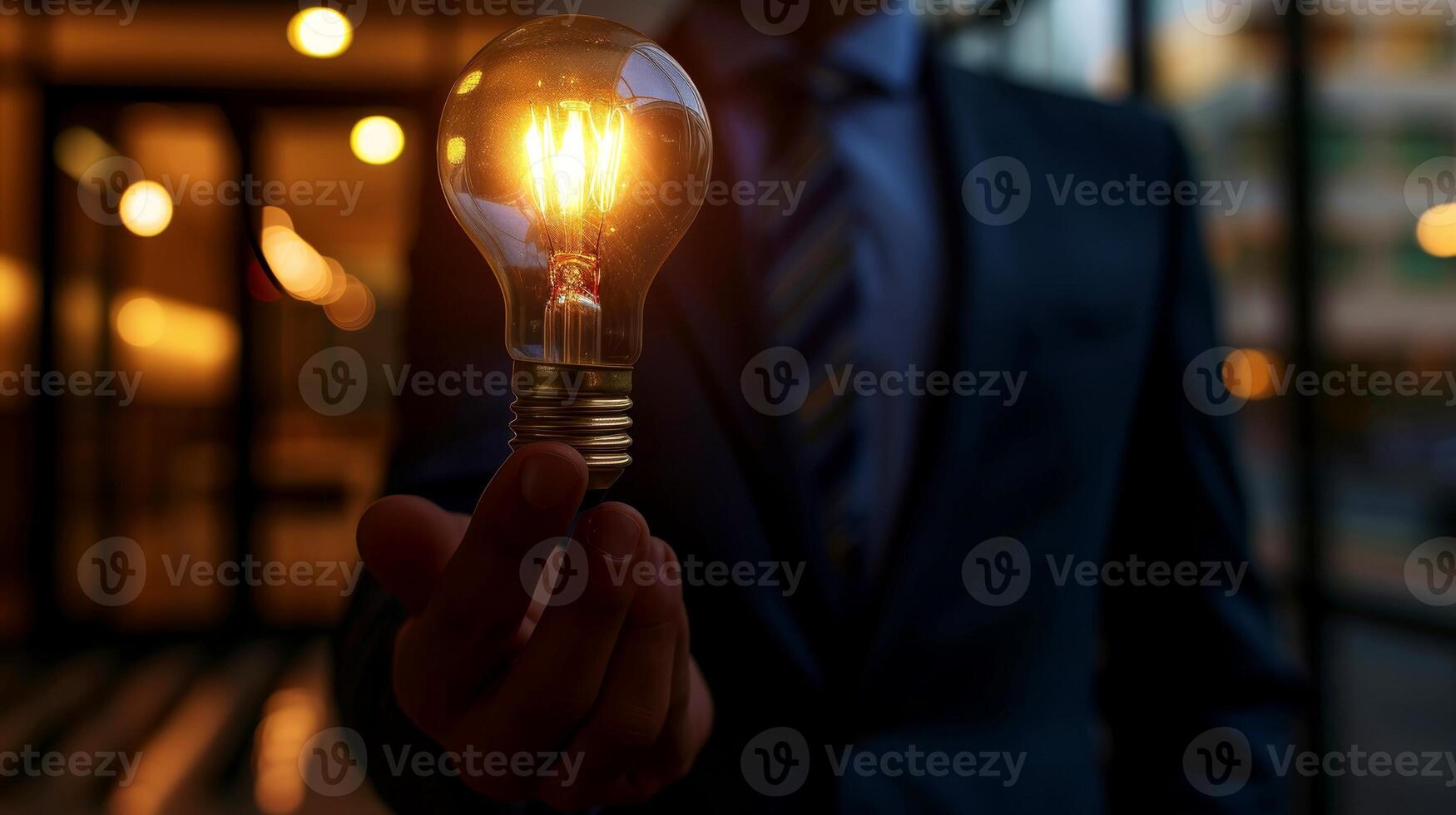 AI generated Close-up, Hand of businessman holding illuminated light bulb, idea, innovation and inspiration concept, Generative AI photo