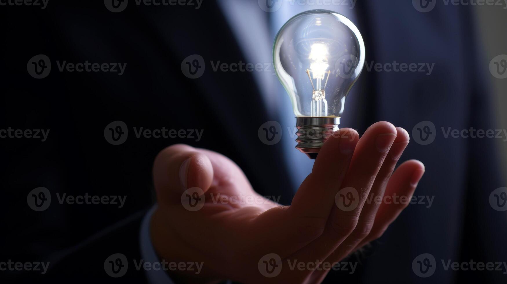 AI generated Close-up, Hand of businessman holding illuminated light bulb, idea, innovation and inspiration concept, Generative AI photo