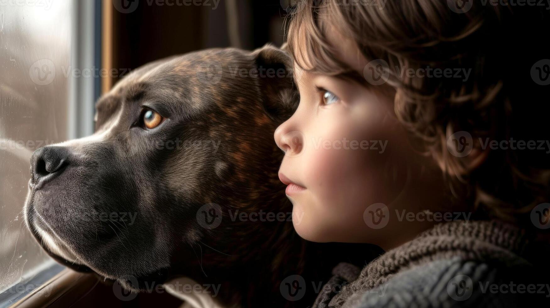 AI generated Close-up, Cute little boy posing with the dog at home, Generative AI photo