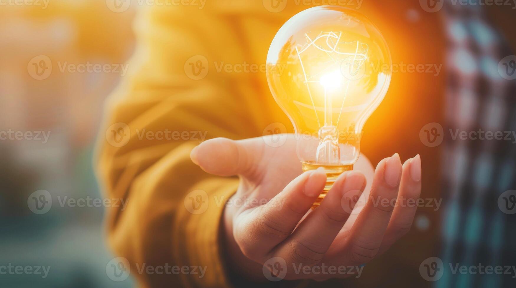 AI generated Close-up, Hand of businessman holding illuminated light bulb, idea, innovation and inspiration concept, Generative AI photo