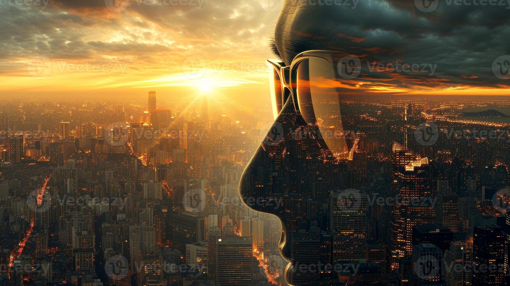 AI generated Close-up,silhouette face of businessman on dark city background with sunset,Generative AI photo