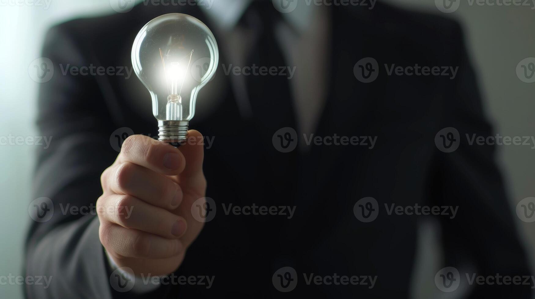 AI generated Close-up, Hand of businessman holding illuminated light bulb, idea, innovation and inspiration concept, Generative AI photo